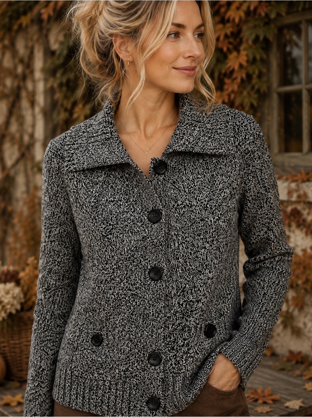 Karen Scott Gray & Black Marled Knit Cardigan | Small